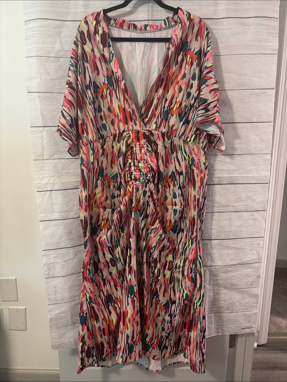 SHEIN Multicolor V-Neck Maxi Dress in Pink, Coral & Teal Accents